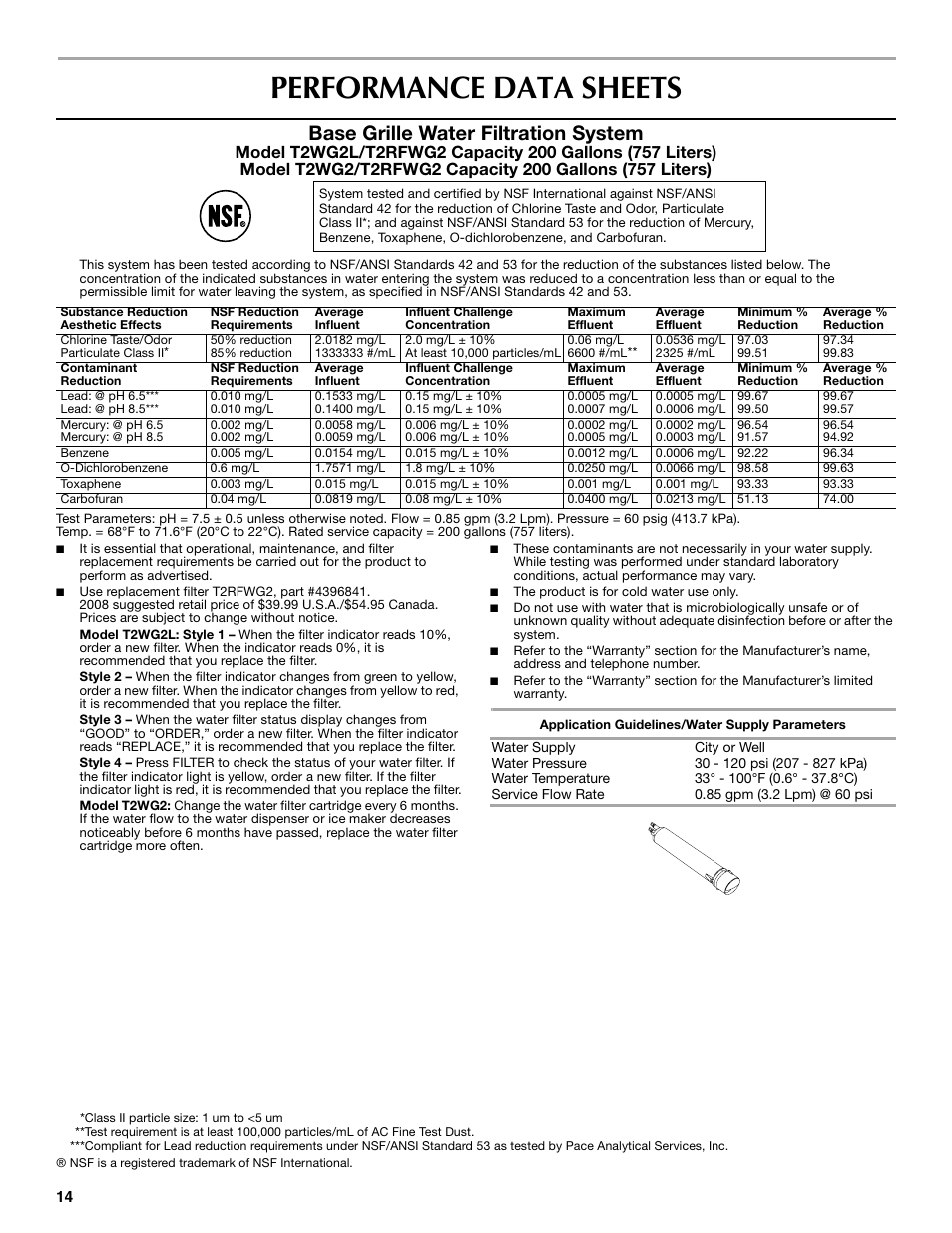 Performance data sheets, Base grille water filtration system | Maytag MSD2530WEB User Manual | Page 14 / 54