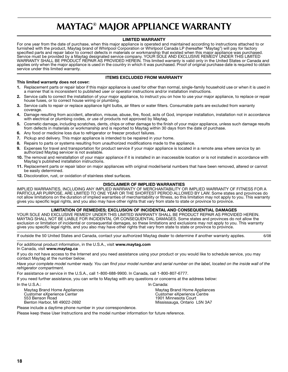 Maytag, Major appliance warranty | Maytag MSD2530WEB User Manual | Page 18 / 54