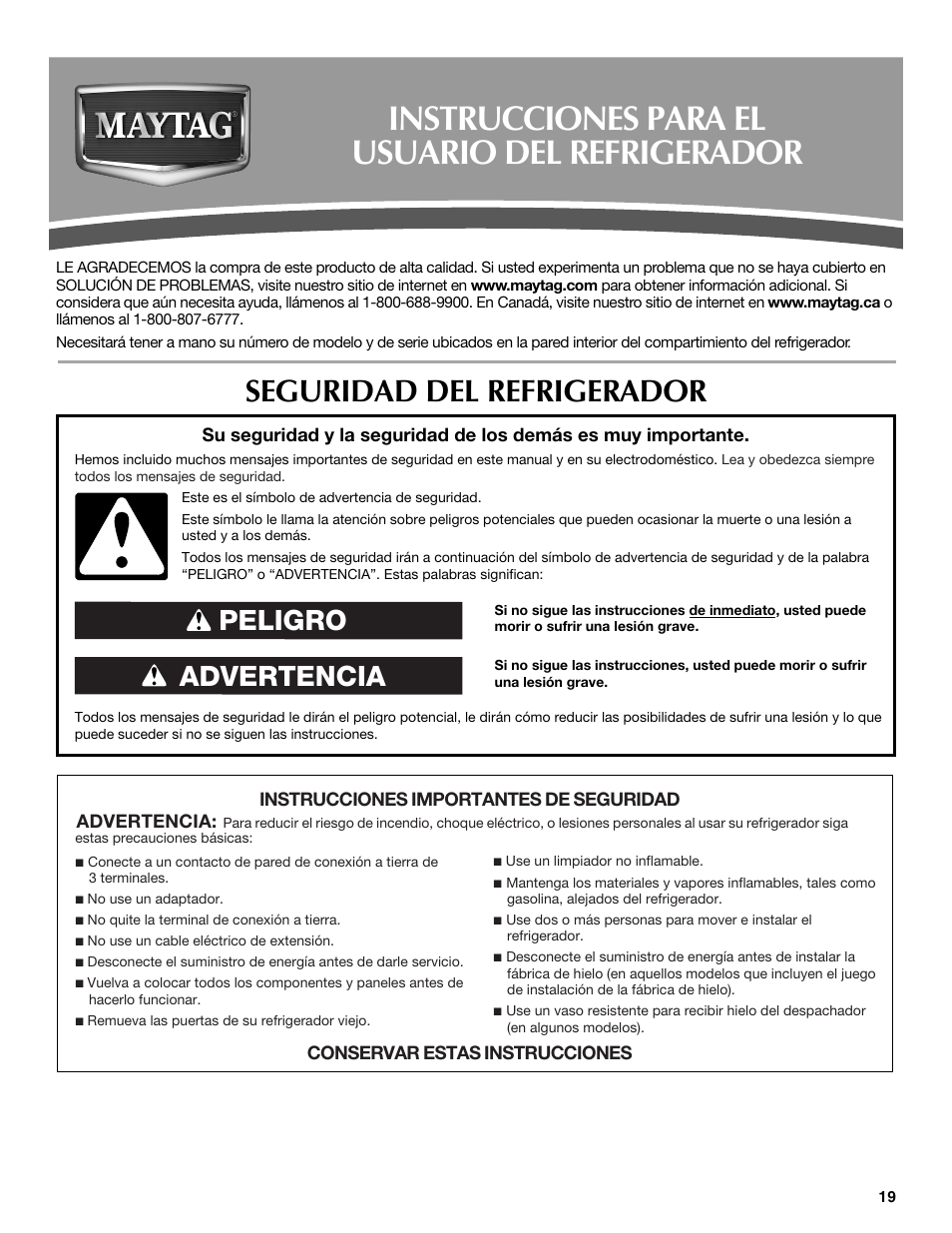 Instrucciones para el usuario del refrigerador, Seguridad del refrigerador, Advertencia peligro | Maytag MSD2530WEB User Manual | Page 19 / 54