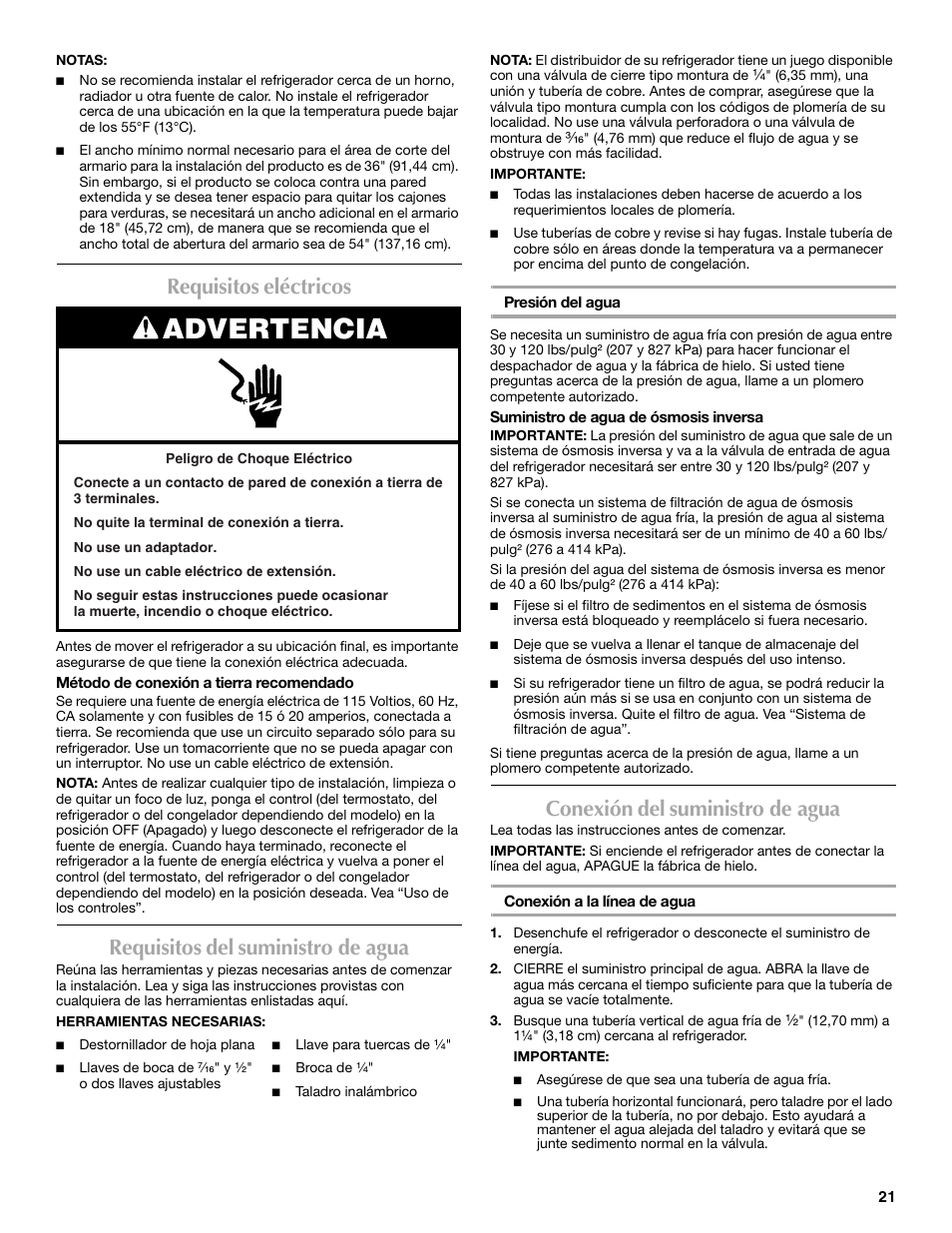 Advertencia, Requisitos eléctricos, Requisitos del suministro de agua | Conexión del suministro de agua | Maytag MSD2530WEB User Manual | Page 21 / 54