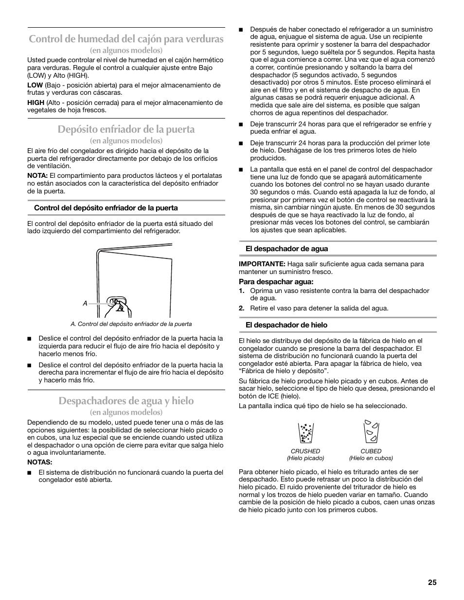 Control de humedad del cajón para verduras, Depósito enfriador de la puerta, Despachadores de agua y hielo | Maytag MSD2530WEB User Manual | Page 25 / 54