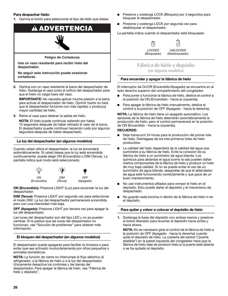 Advertencia, Fábrica de hielo y depósito | Maytag MSD2530WEB User Manual | Page 26 / 54