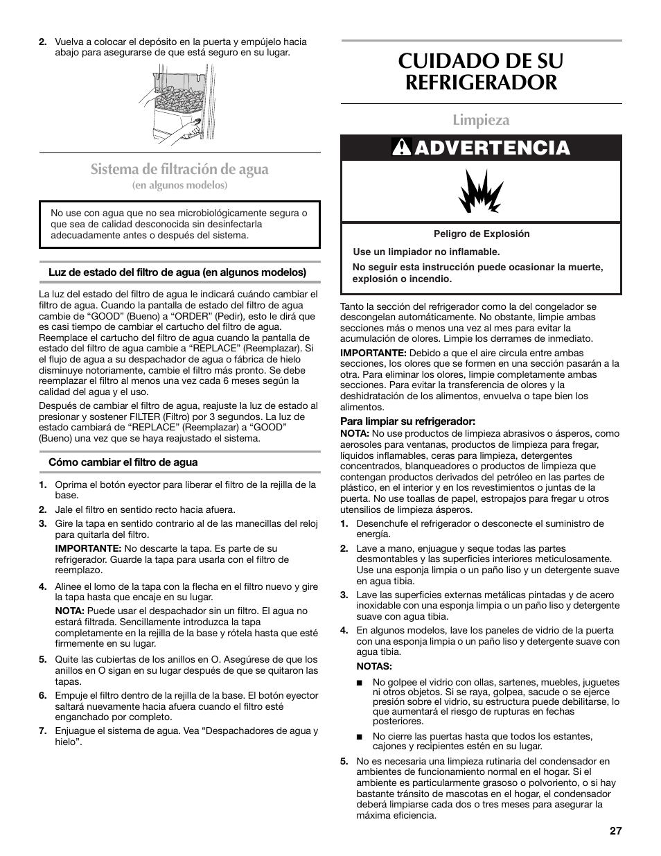 Cuidado de su refrigerador, Advertencia, Sistema de filtración de agua | Limpieza | Maytag MSD2530WEB User Manual | Page 27 / 54