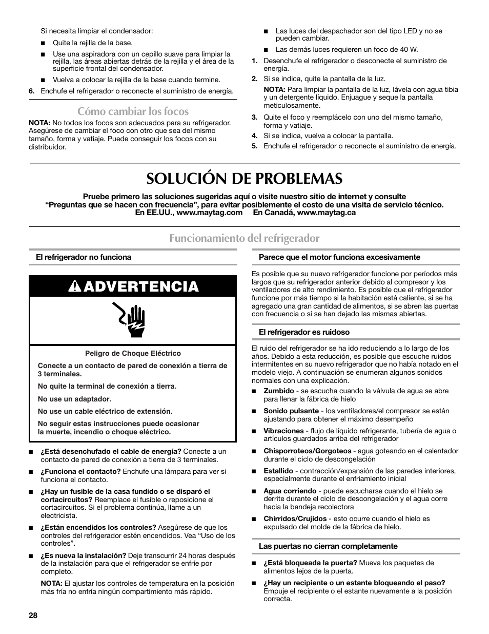 Solución de problemas, Advertencia, Cómo cambiar los focos | Funcionamiento del refrigerador | Maytag MSD2530WEB User Manual | Page 28 / 54