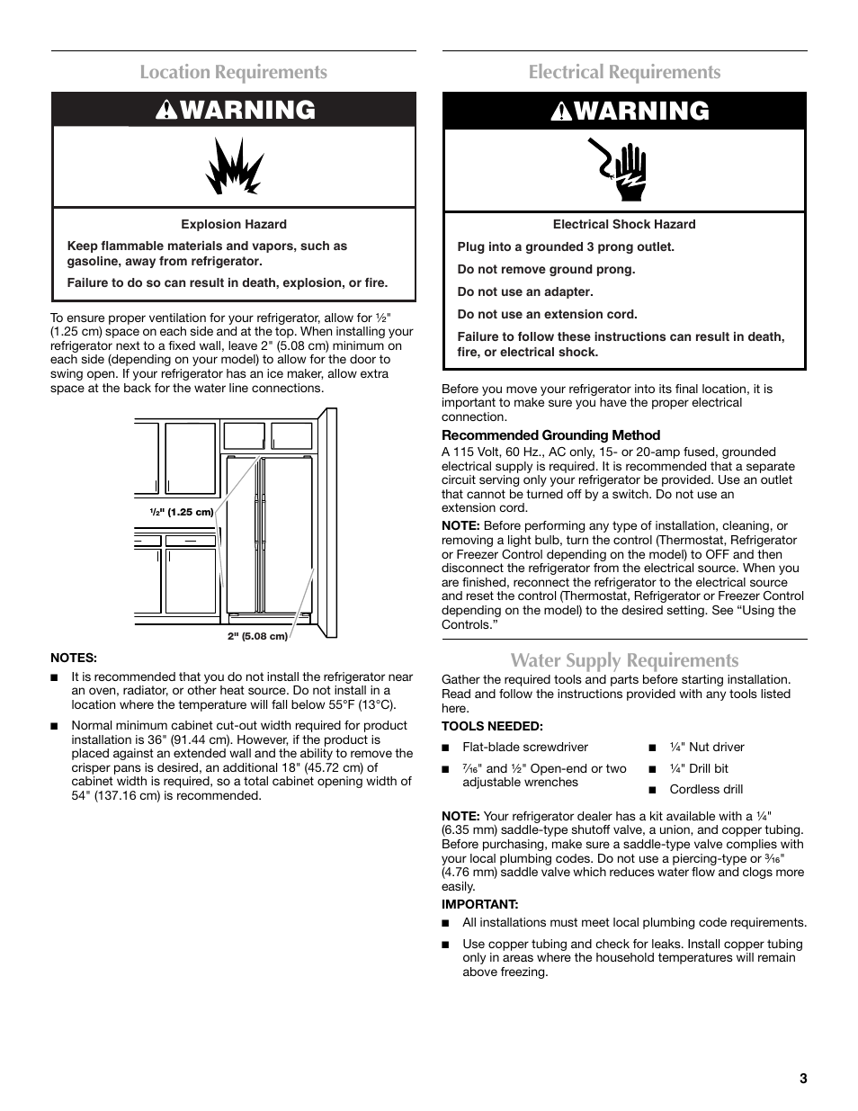 Warning, Location requirements, Electrical requirements | Water supply requirements | Maytag MSD2530WEB User Manual | Page 3 / 54