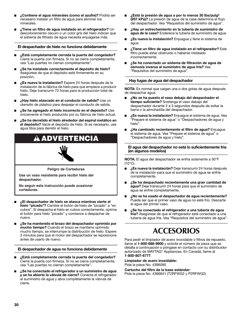 Accesorios, Advertencia | Maytag MSD2530WEB User Manual | Page 30 / 54