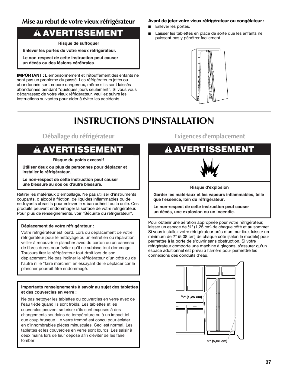 Instructions d'installation, Avertissement, Déballage du réfrigérateur | Exigences d'emplacement, Mise au rebut de votre vieux réfrigérateur | Maytag MSD2530WEB User Manual | Page 37 / 54