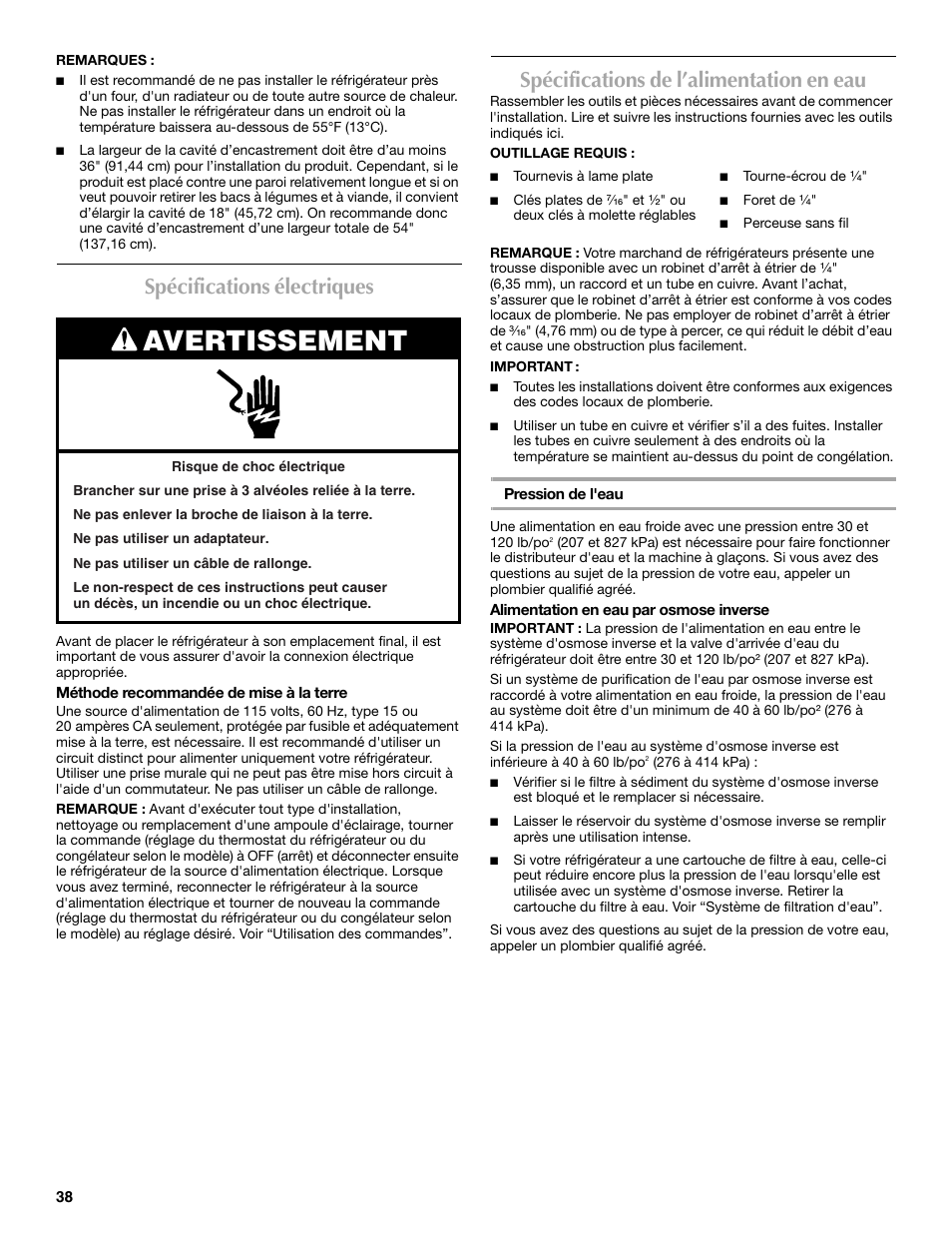 Avertissement, Spécifications électriques, Spécifications de l’alimentation en eau | Maytag MSD2530WEB User Manual | Page 38 / 54