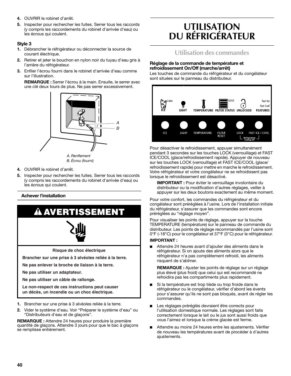 Utilisation du réfrigérateur, Avertissement, Utilisation des commandes | Maytag MSD2530WEB User Manual | Page 40 / 54