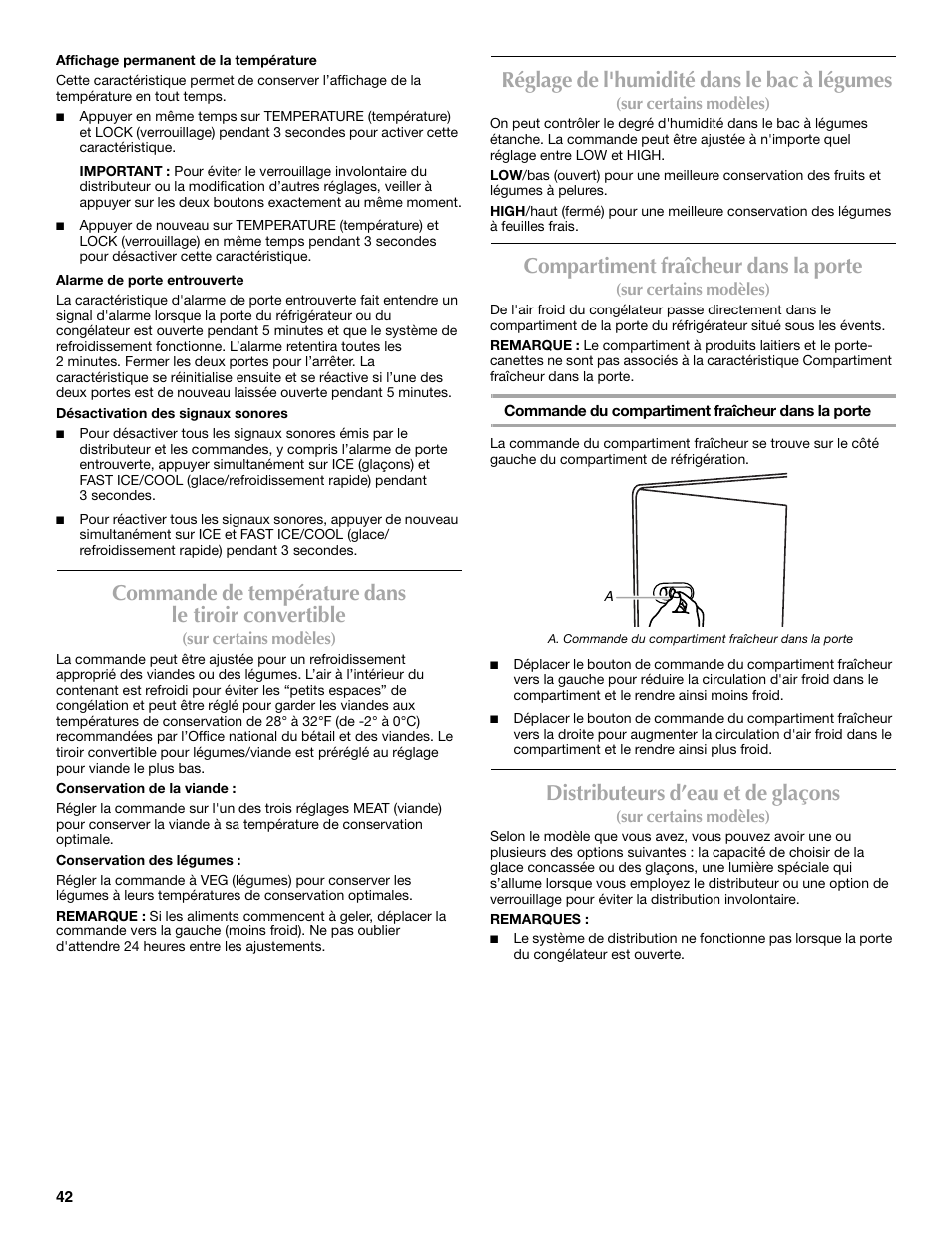 Commande de température dans le tiroir convertible, Réglage de l'humidité dans le bac à légumes, Compartiment fraîcheur dans la porte | Distributeurs d’eau et de glaçons | Maytag MSD2530WEB User Manual | Page 42 / 54