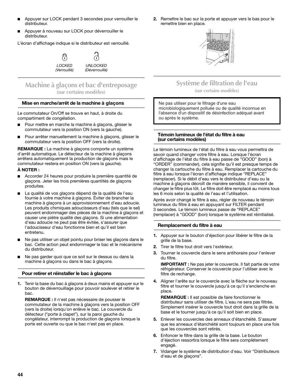 Machine à glaçons et bac d'entreposage, Système de filtration de l'eau | Maytag MSD2530WEB User Manual | Page 44 / 54