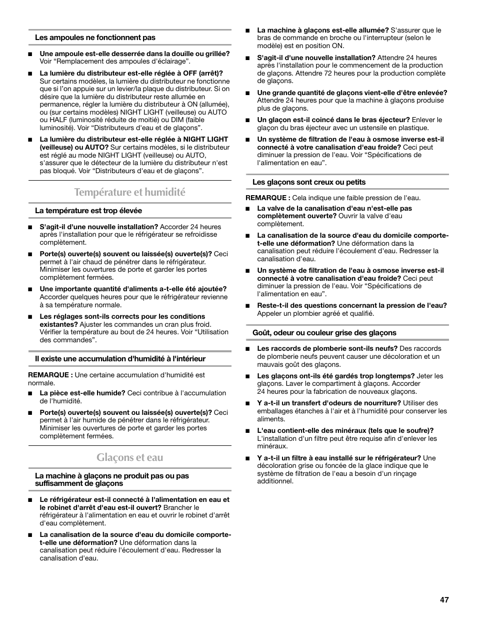 Température et humidité, Glaçons et eau | Maytag MSD2530WEB User Manual | Page 47 / 54