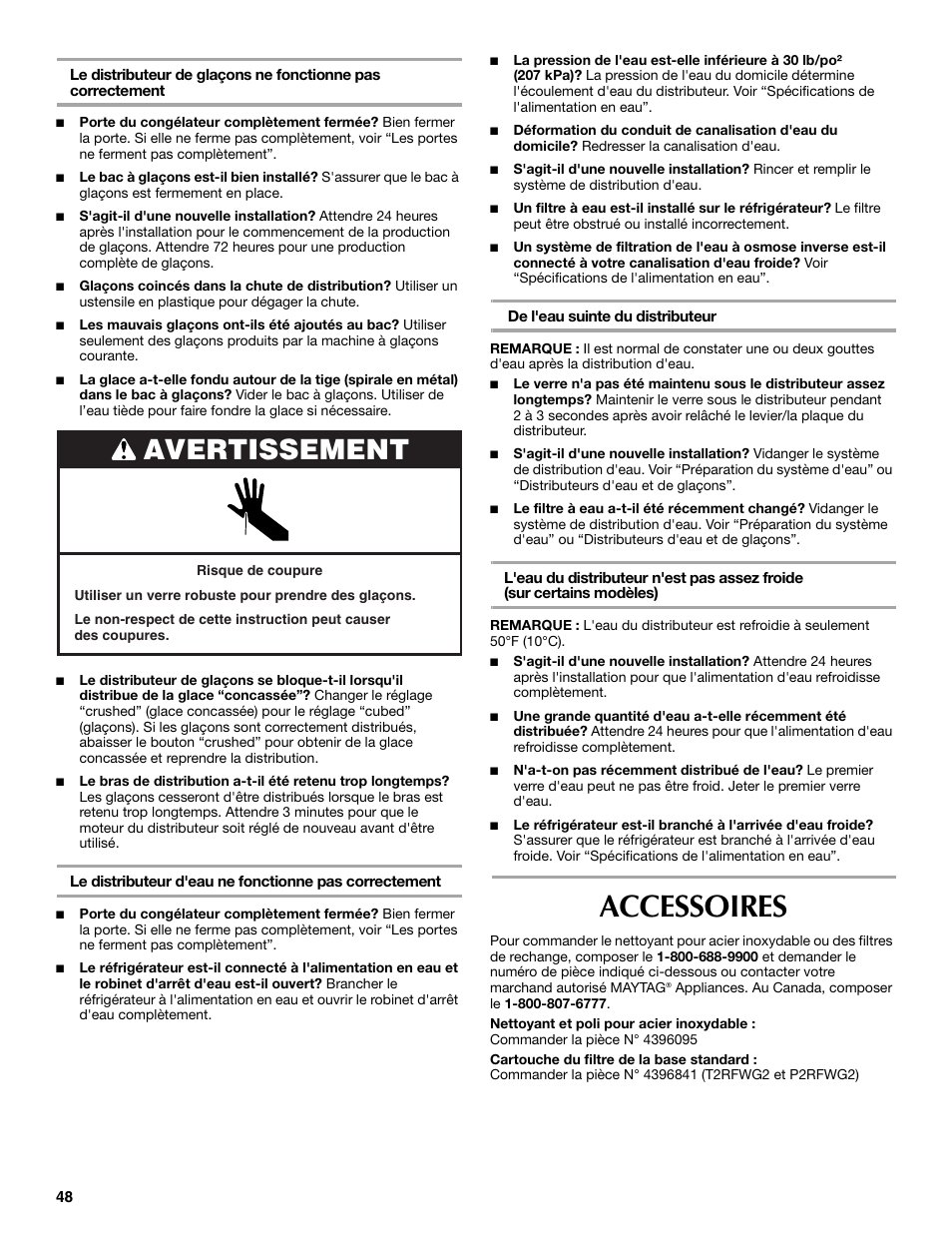 Accessoires, Avertissement | Maytag MSD2530WEB User Manual | Page 48 / 54