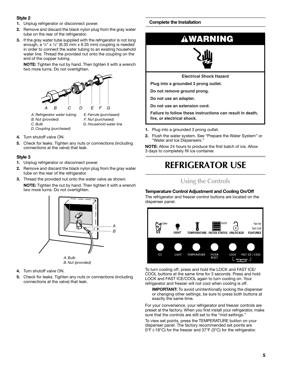 Refrigerator use, Warning, Using the controls | Maytag MSD2530WEB User Manual | Page 5 / 54