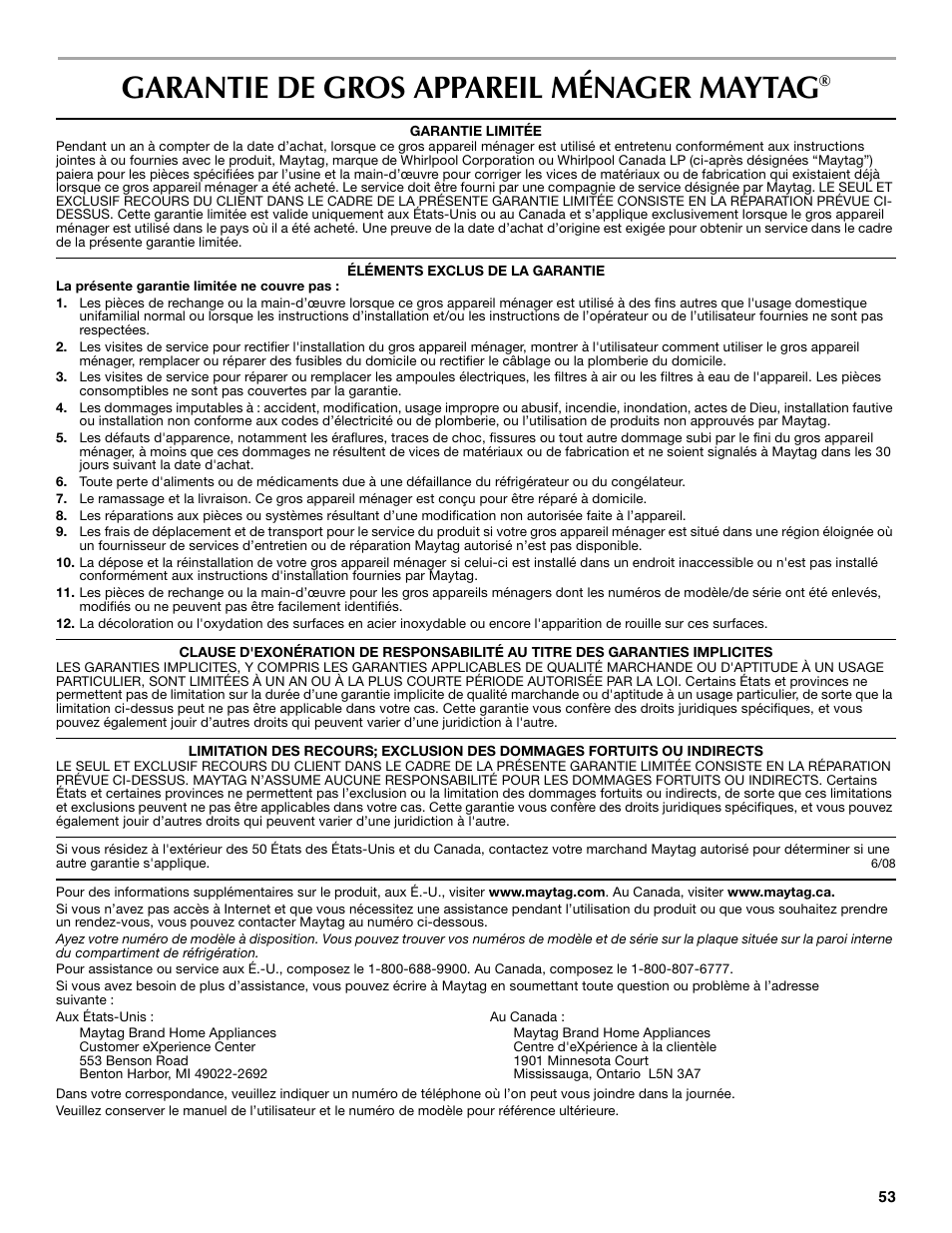 Garantie de gros appareil ménager maytag | Maytag MSD2530WEB User Manual | Page 53 / 54