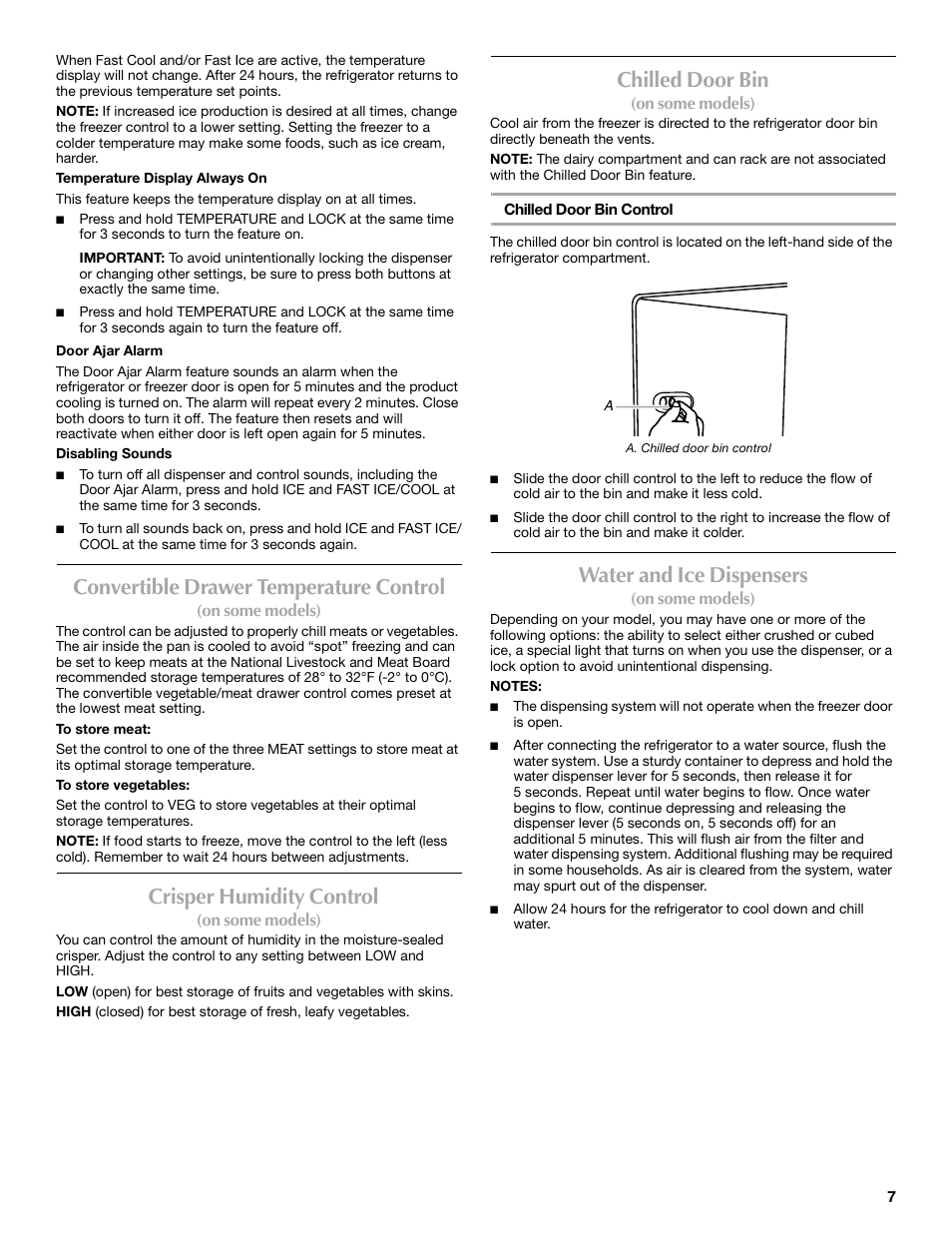 Convertible drawer temperature control, Crisper humidity control, Chilled door bin | Water and ice dispensers | Maytag MSD2530WEB User Manual | Page 7 / 54