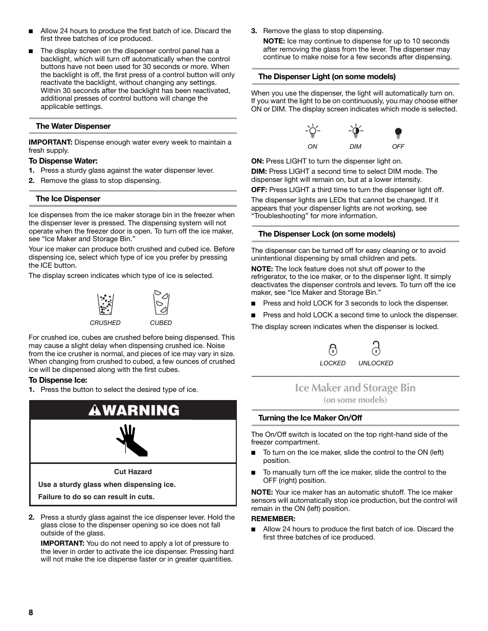 Warning, Ice maker and storage bin | Maytag MSD2530WEB User Manual | Page 8 / 54