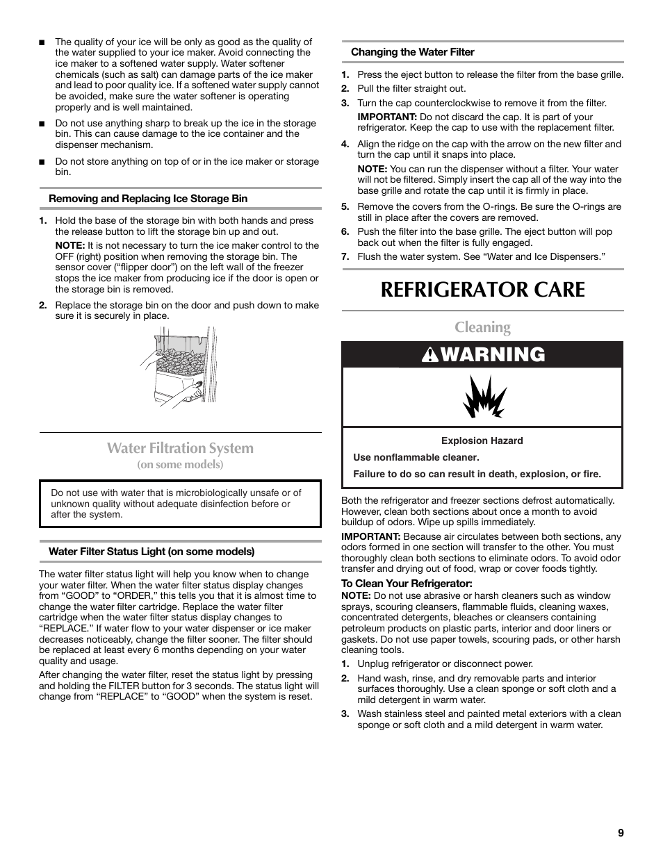Refrigerator care, Warning, Water filtration system | Cleaning | Maytag MSD2530WEB User Manual | Page 9 / 54