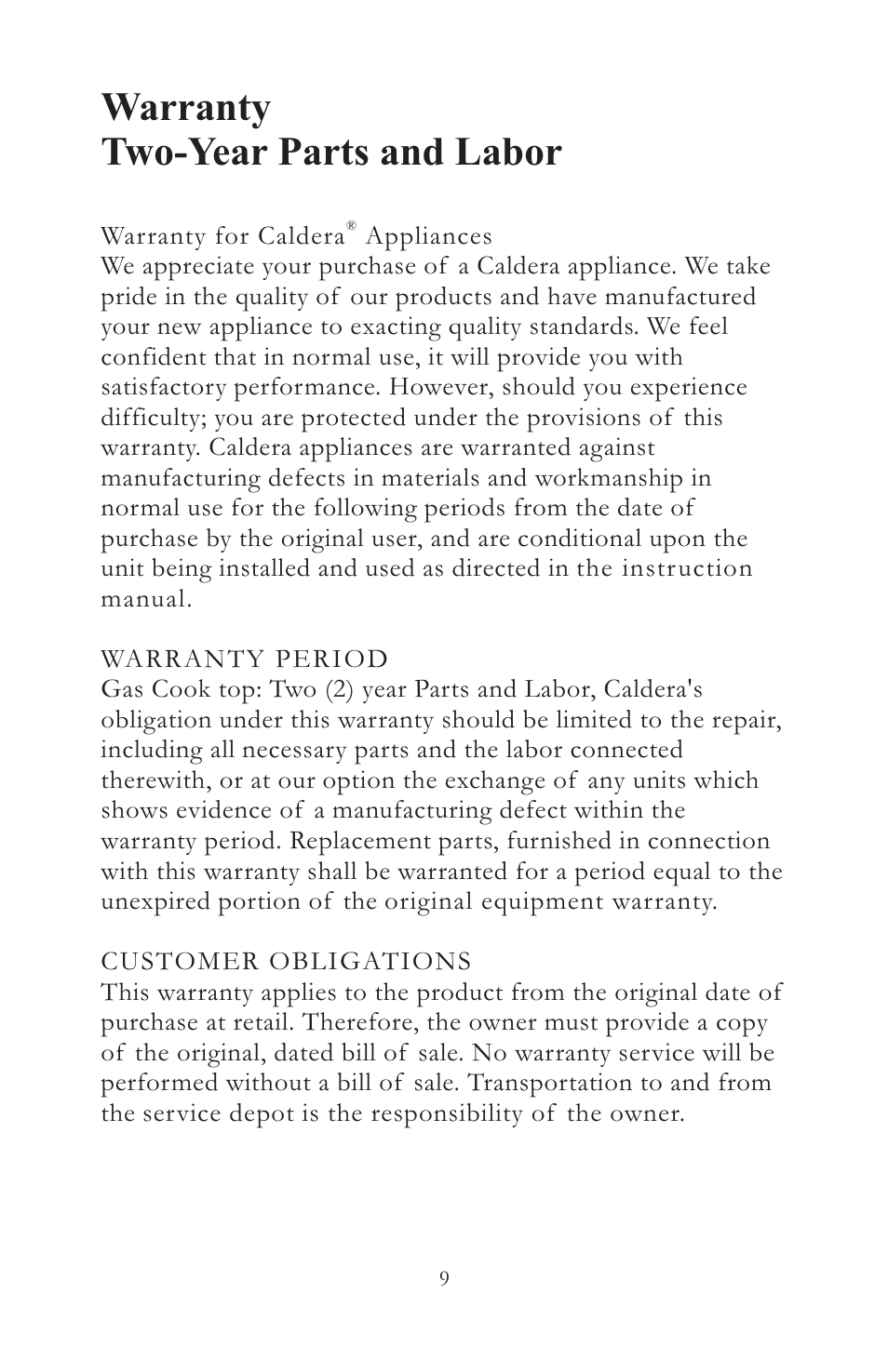 Warranty two-year parts and labor | Caldera SSK365NG-C User Manual | Page 10 / 12