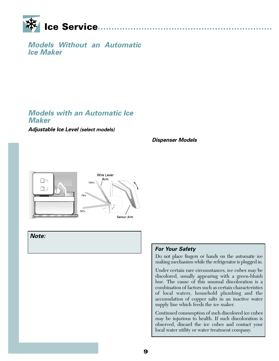 Ice service, Models with an automatic ice maker, Models without an automatic ice maker | Adjustable ice level, Dispenser models, For your safety | Maytag MSD2434HEQ User Manual | Page 10 / 60