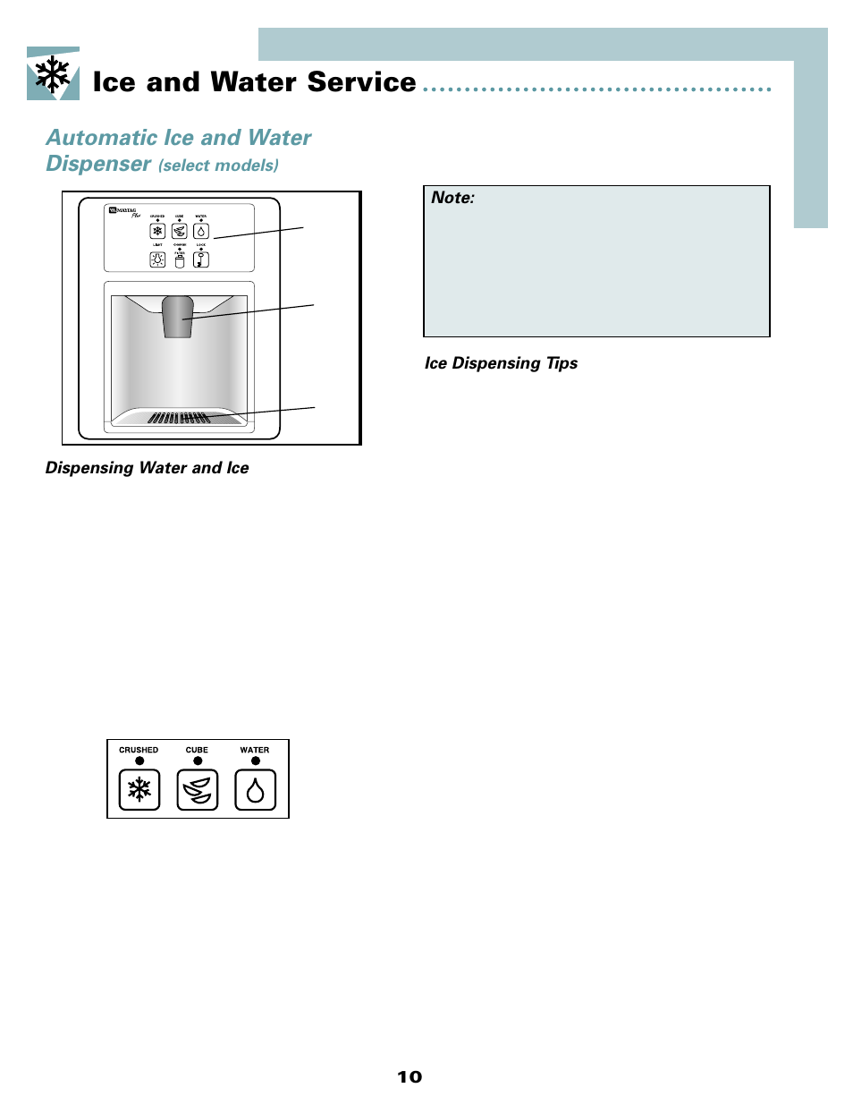 Ice and water service, Automatic ice and water dispenser | Maytag MSD2434HEQ User Manual | Page 11 / 60