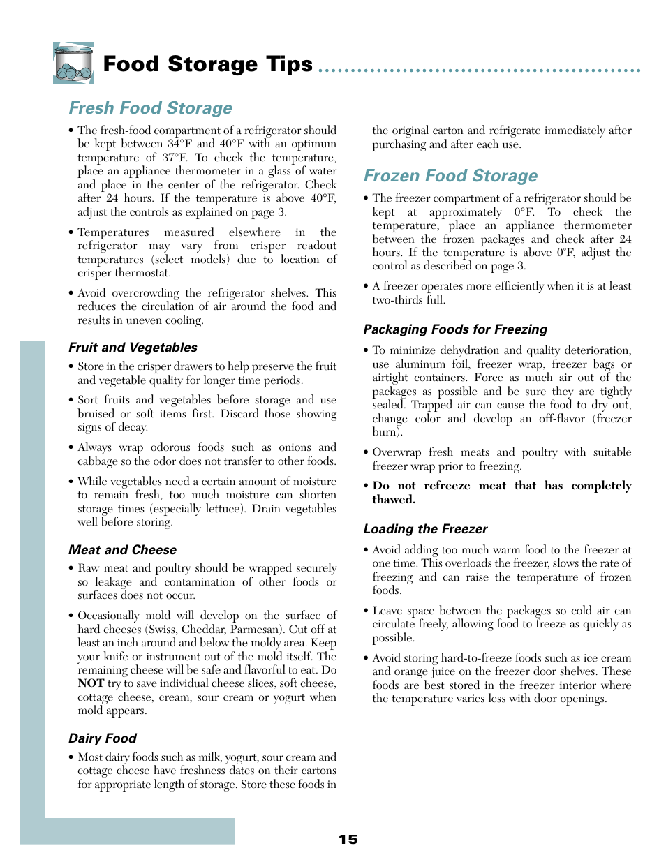 Food storage tips, Frozen food storage, Fresh food storage | Maytag MSD2434HEQ User Manual | Page 16 / 60