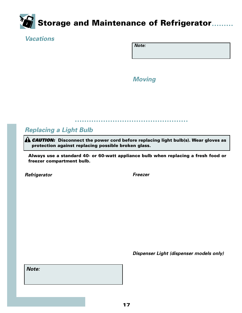 Storage and maintenance of refrigerator, Vacations, Moving | Replacing a light bulb | Maytag MSD2434HEQ User Manual | Page 18 / 60