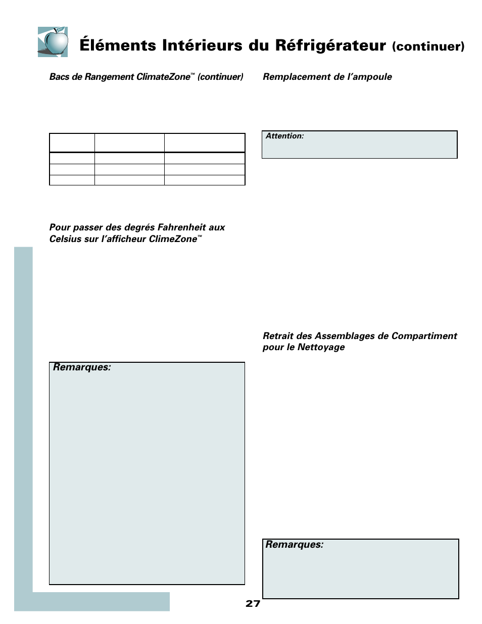 Éléments intérieurs du réfrigérateur, Continuer), Remarques | Maytag MSD2434HEQ User Manual | Page 28 / 60