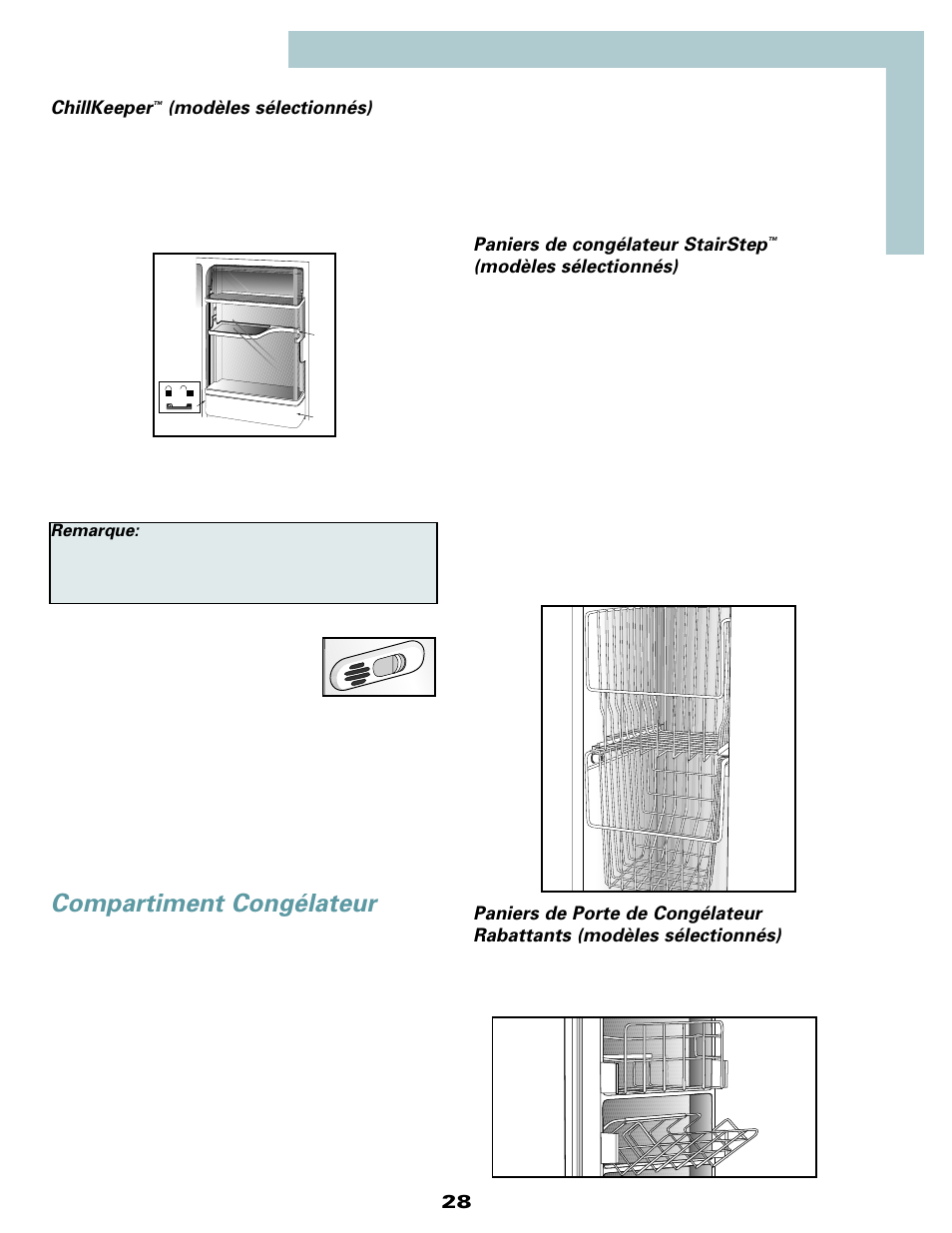 Compartiment congélateur, 28 chillkeeper, Modèles sélectionnés) | Paniers de congélateur stairstep | Maytag MSD2434HEQ User Manual | Page 29 / 60