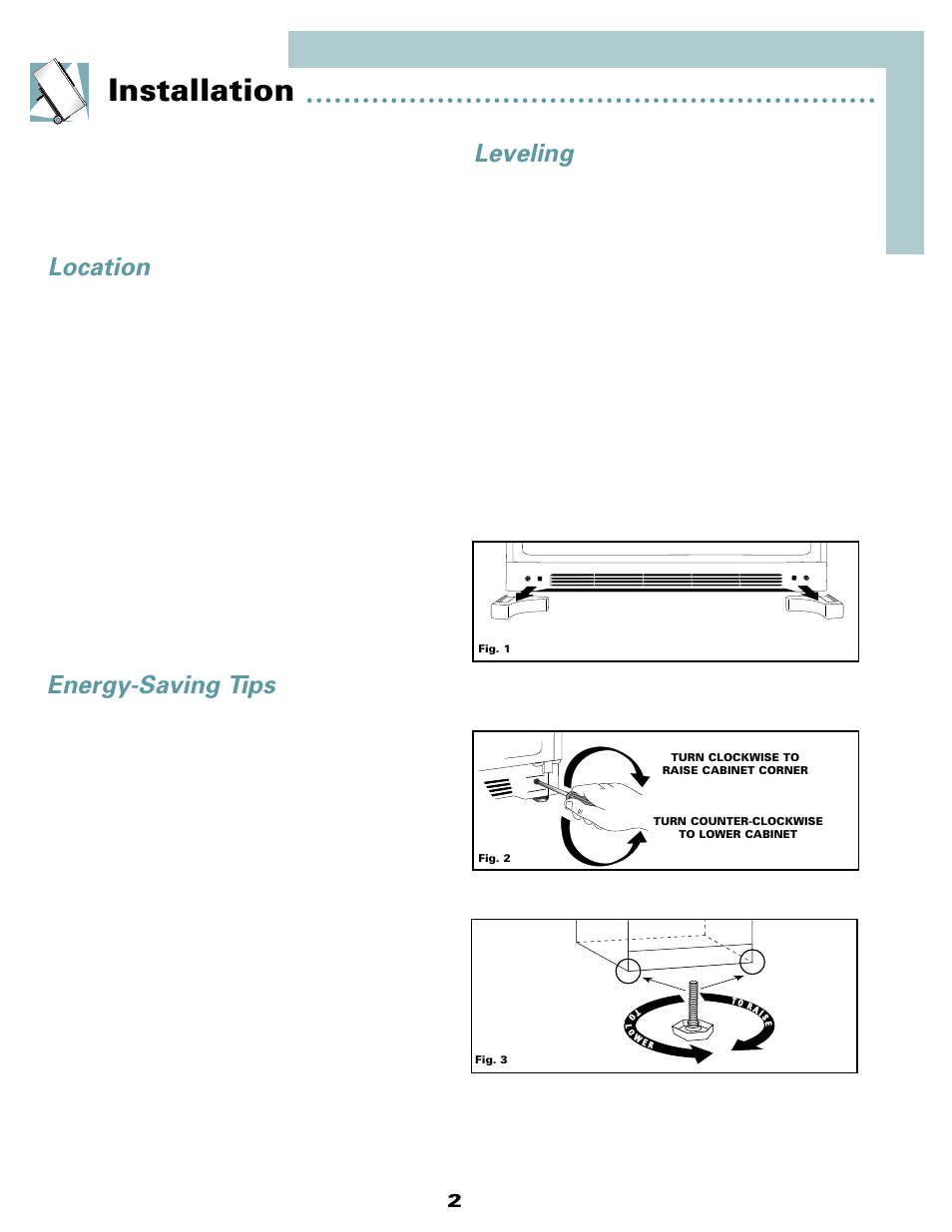 Installation, Location, Leveling | Energy-saving tips | Maytag MSD2434HEQ User Manual | Page 3 / 60