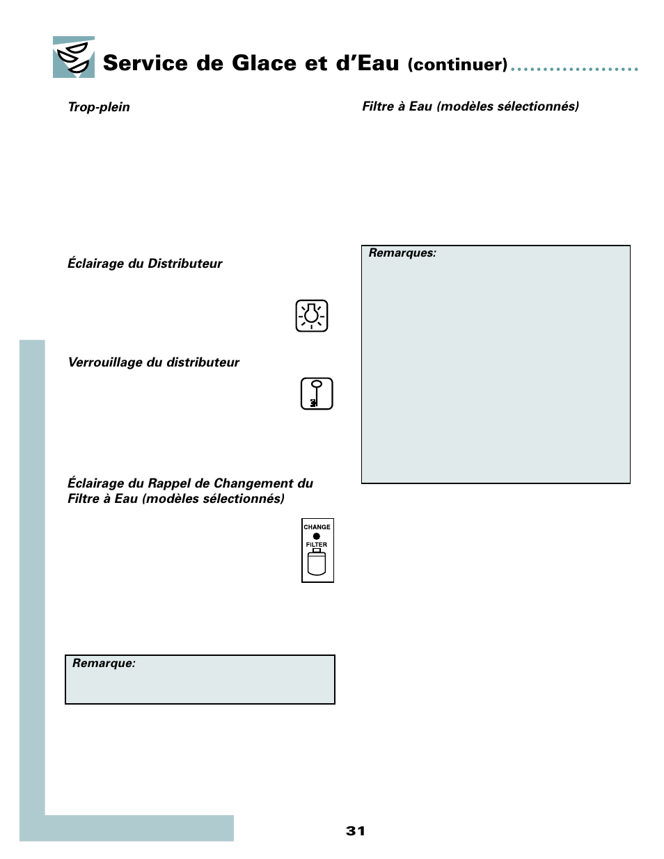 Service de glace et d’eau, Continuer) | Maytag MSD2434HEQ User Manual | Page 32 / 60