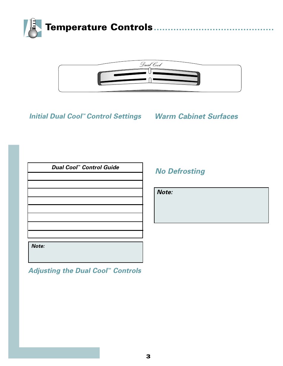 Temperature controls, Warm cabinet surfaces, No defrosting | Initial dual cool, Control settings, Adjusting the dual cool, Controls | Maytag MSD2434HEQ User Manual | Page 4 / 60