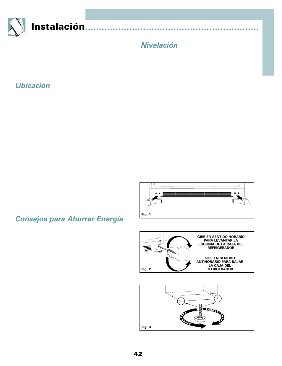 Instalación, Ubicación, Nivelación | Consejos para ahorrar energía | Maytag MSD2434HEQ User Manual | Page 43 / 60