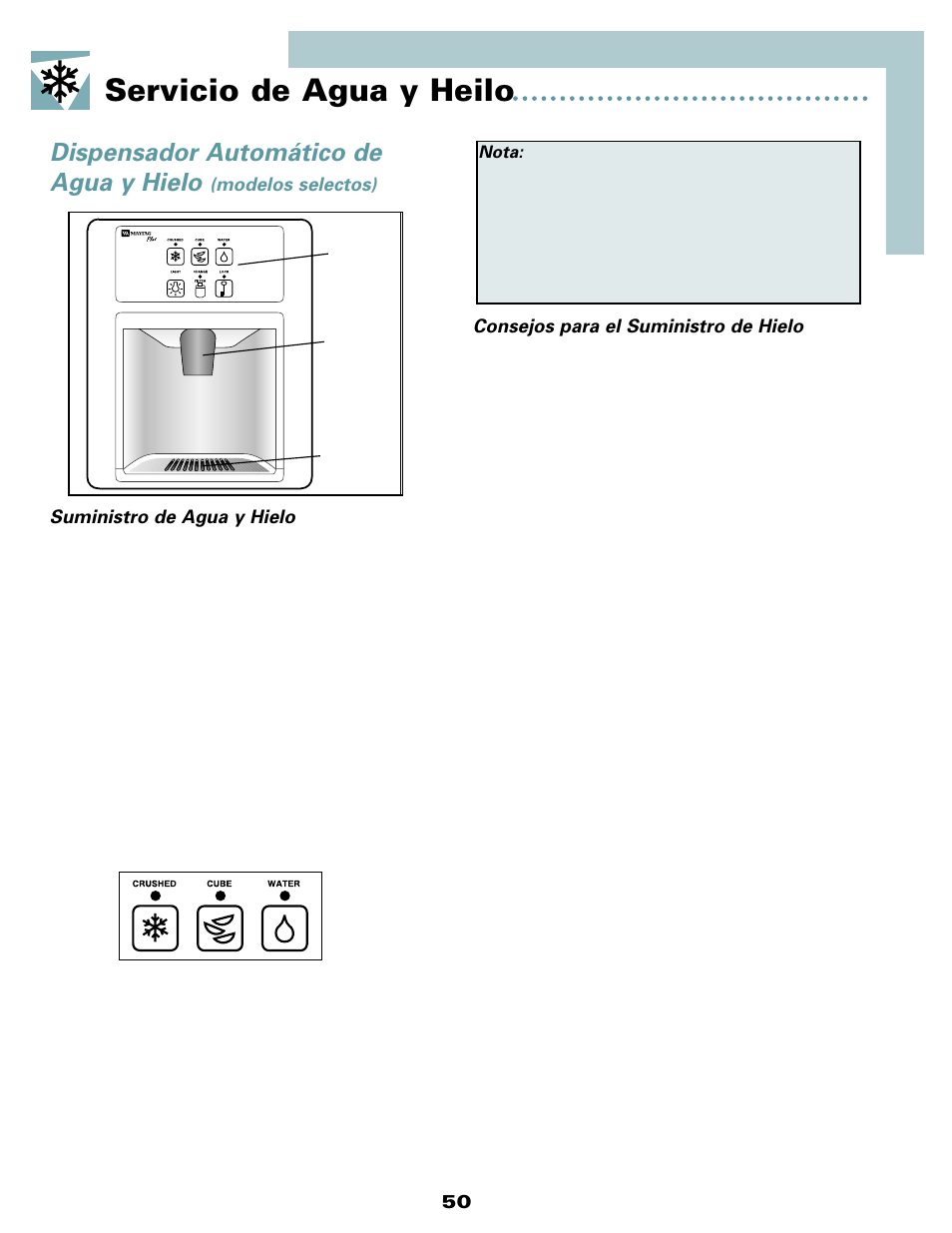 Servicio de agua y heilo, Dispensador automático de agua y hielo | Maytag MSD2434HEQ User Manual | Page 51 / 60