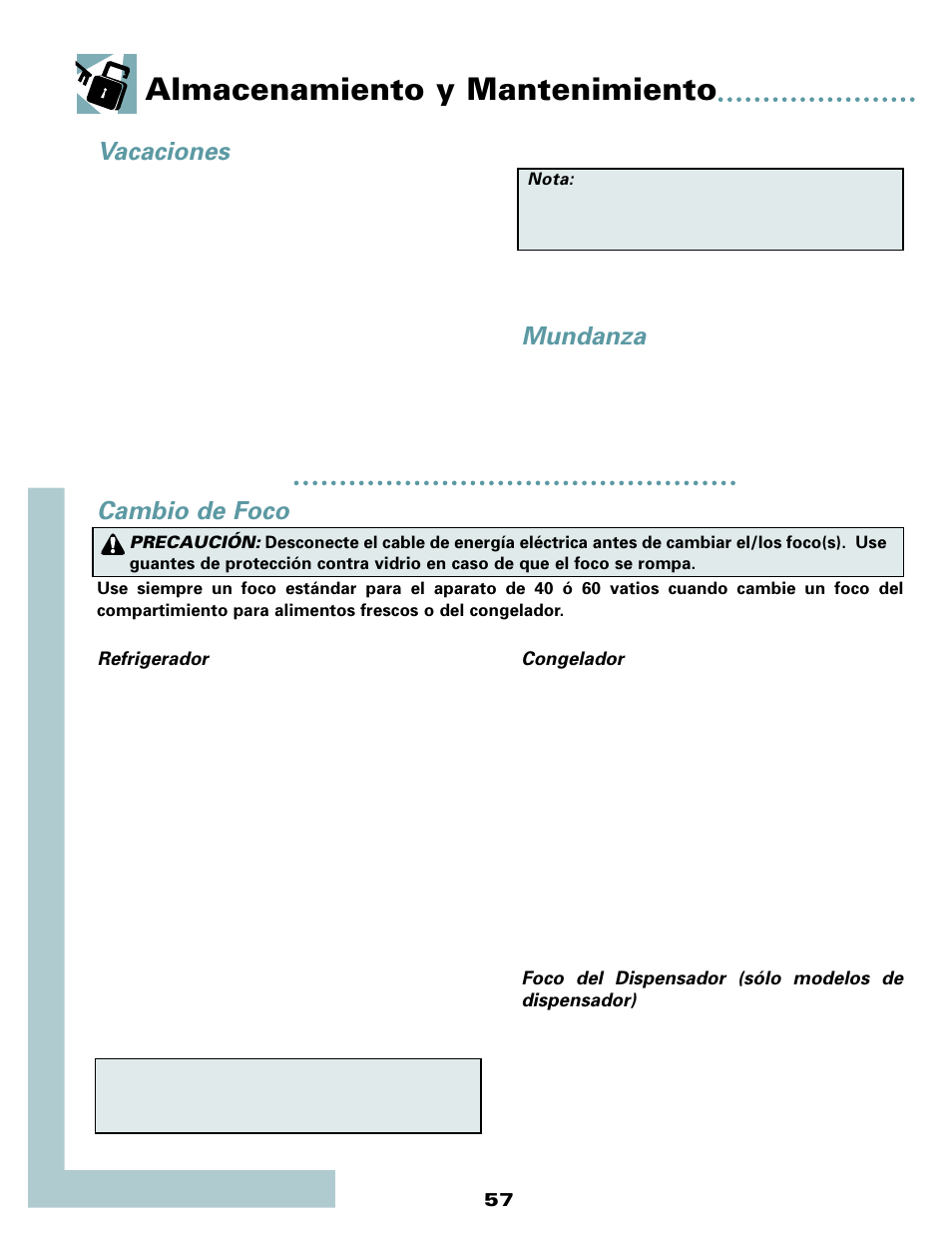 Almacenamiento y mantenimiento, Vacaciones, Mundanza | Cambio de foco | Maytag MSD2434HEQ User Manual | Page 58 / 60