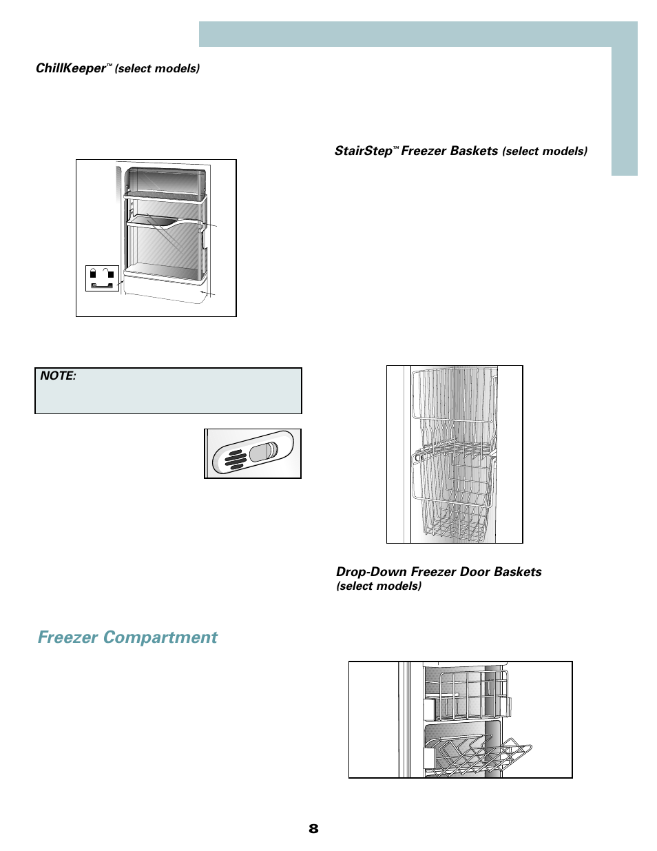 Freezer compartment, 8chillkeeper, Drop-down freezer door baskets | Stairstep, Freezer baskets | Maytag MSD2434HEQ User Manual | Page 9 / 60