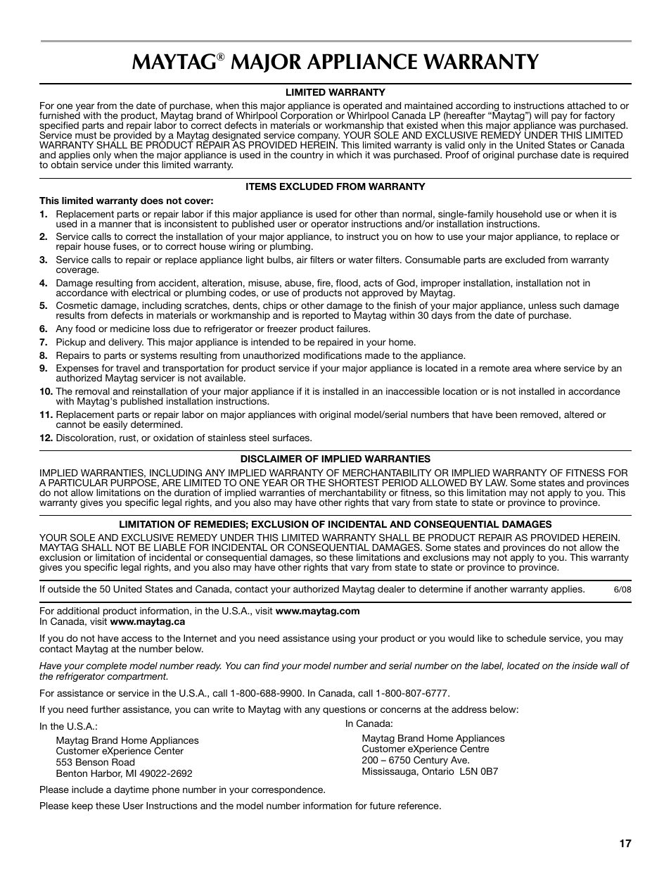 Maytag, Major appliance warranty | Maytag MSF22C2EXW User Manual | Page 17 / 54
