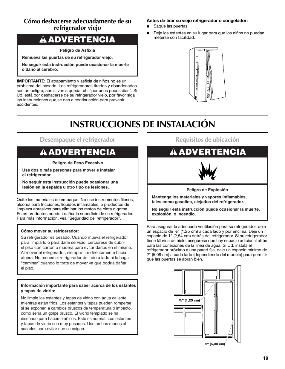Instrucciones de instalación, Advertencia, Desempaque el refrigerador | Requisitos de ubicación | Maytag MSF22C2EXW User Manual | Page 19 / 54