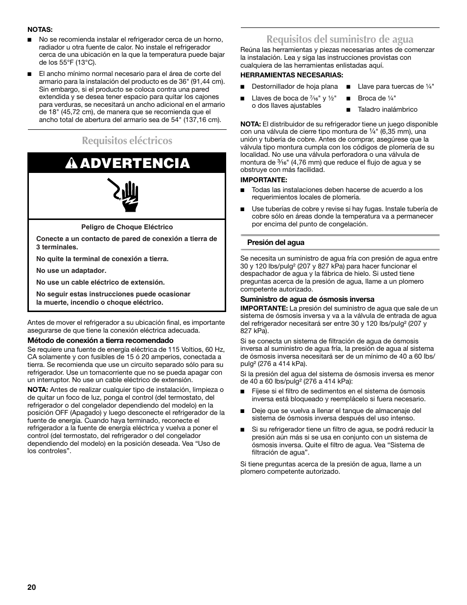 Advertencia, Requisitos eléctricos, Requisitos del suministro de agua | Maytag MSF22C2EXW User Manual | Page 20 / 54