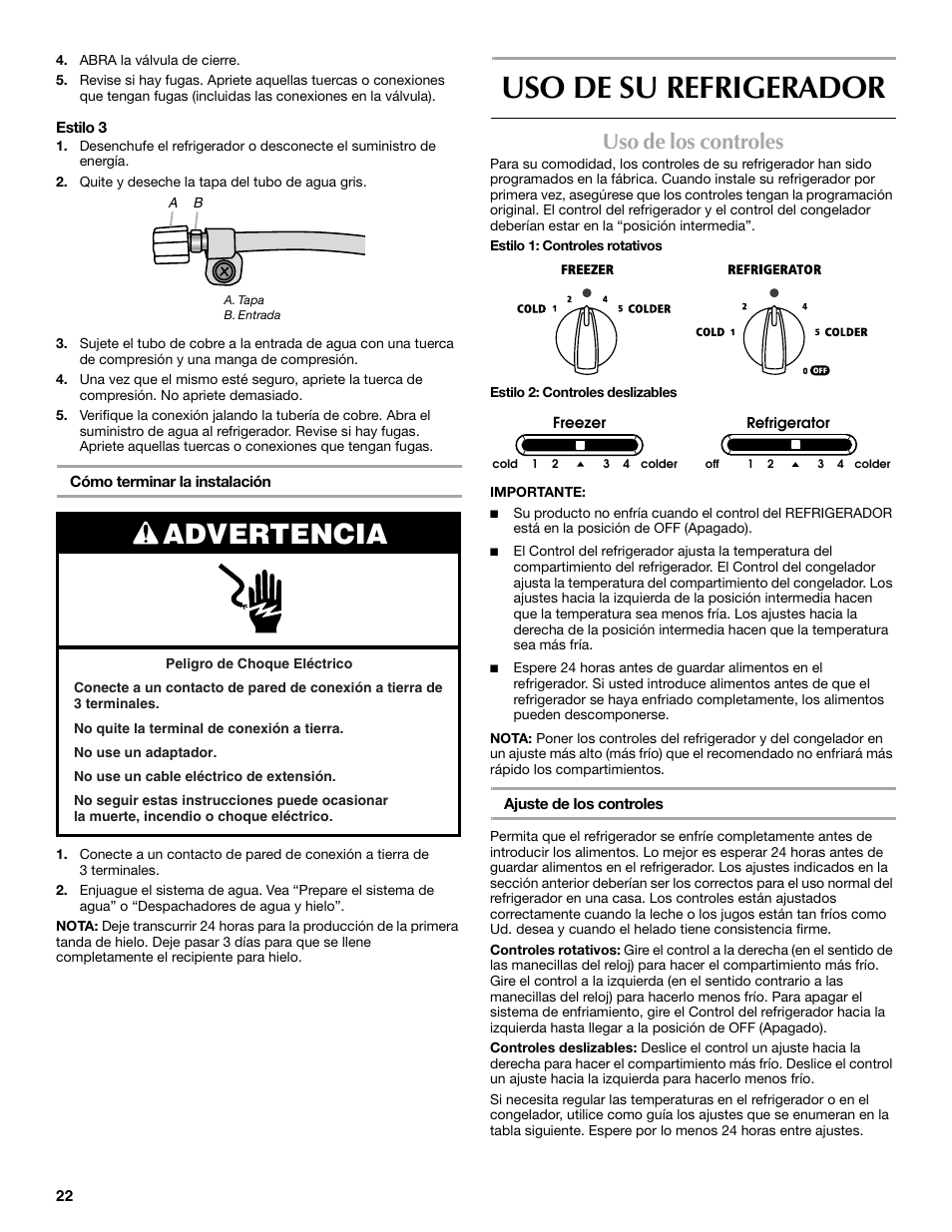 Uso de su refrigerador, Advertencia, Uso de los controles | Maytag MSF22C2EXW User Manual | Page 22 / 54
