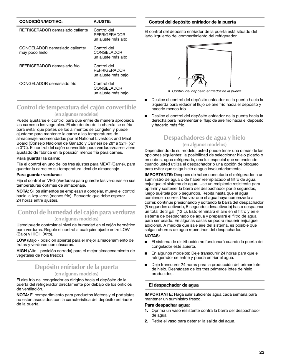 Control de temperatura del cajón convertible, Control de humedad del cajón para verduras, Depósito enfriador de la puerta | Despachadores de agua y hielo | Maytag MSF22C2EXW User Manual | Page 23 / 54