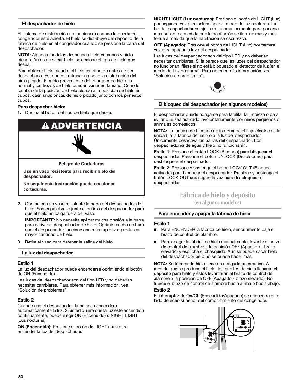 Advertencia, Fábrica de hielo y depósito | Maytag MSF22C2EXW User Manual | Page 24 / 54