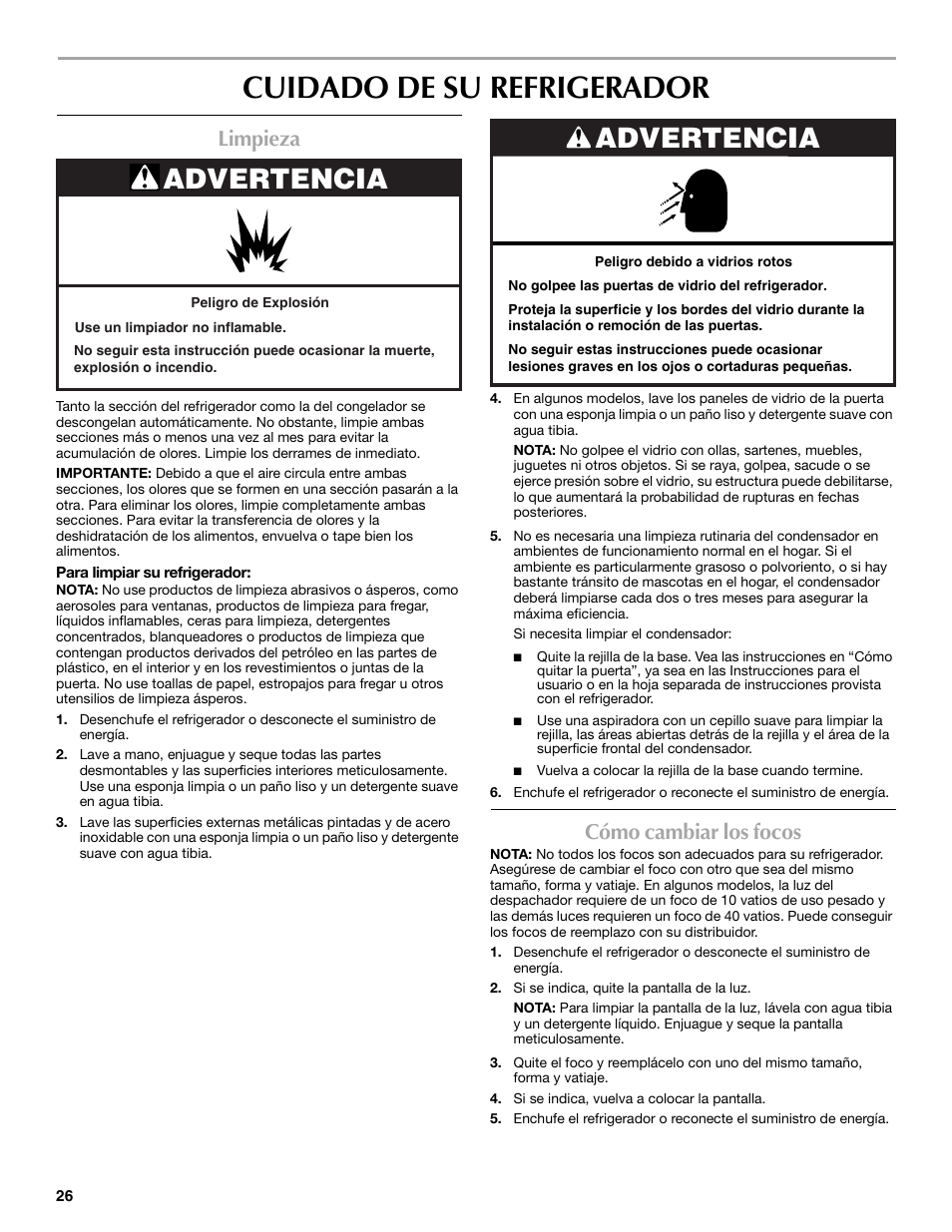 Cuidado de su refrigerador, Advertencia, Limpieza | Cómo cambiar los focos | Maytag MSF22C2EXW User Manual | Page 26 / 54