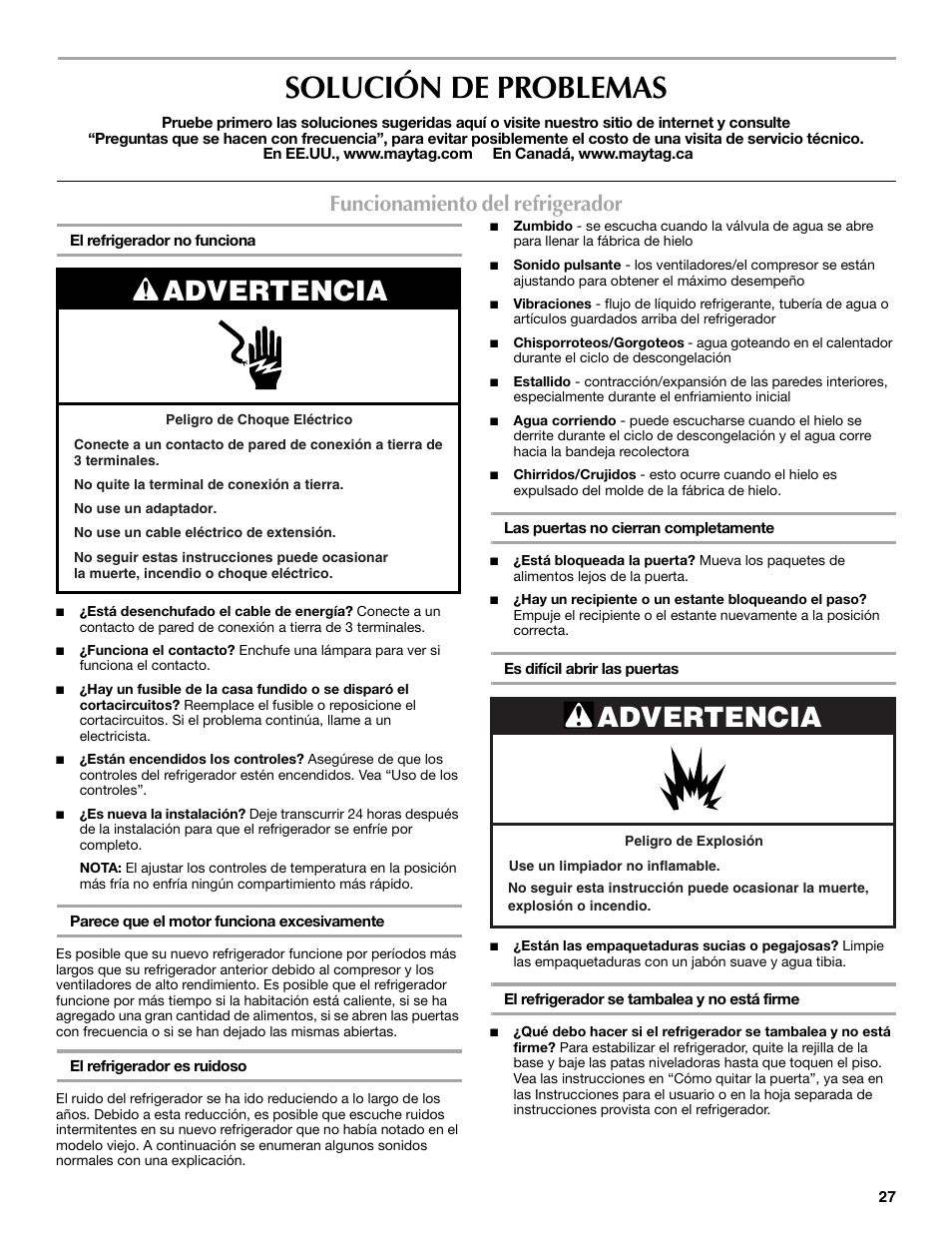 Solución de problemas, Advertencia, Funcionamiento del refrigerador | Maytag MSF22C2EXW User Manual | Page 27 / 54