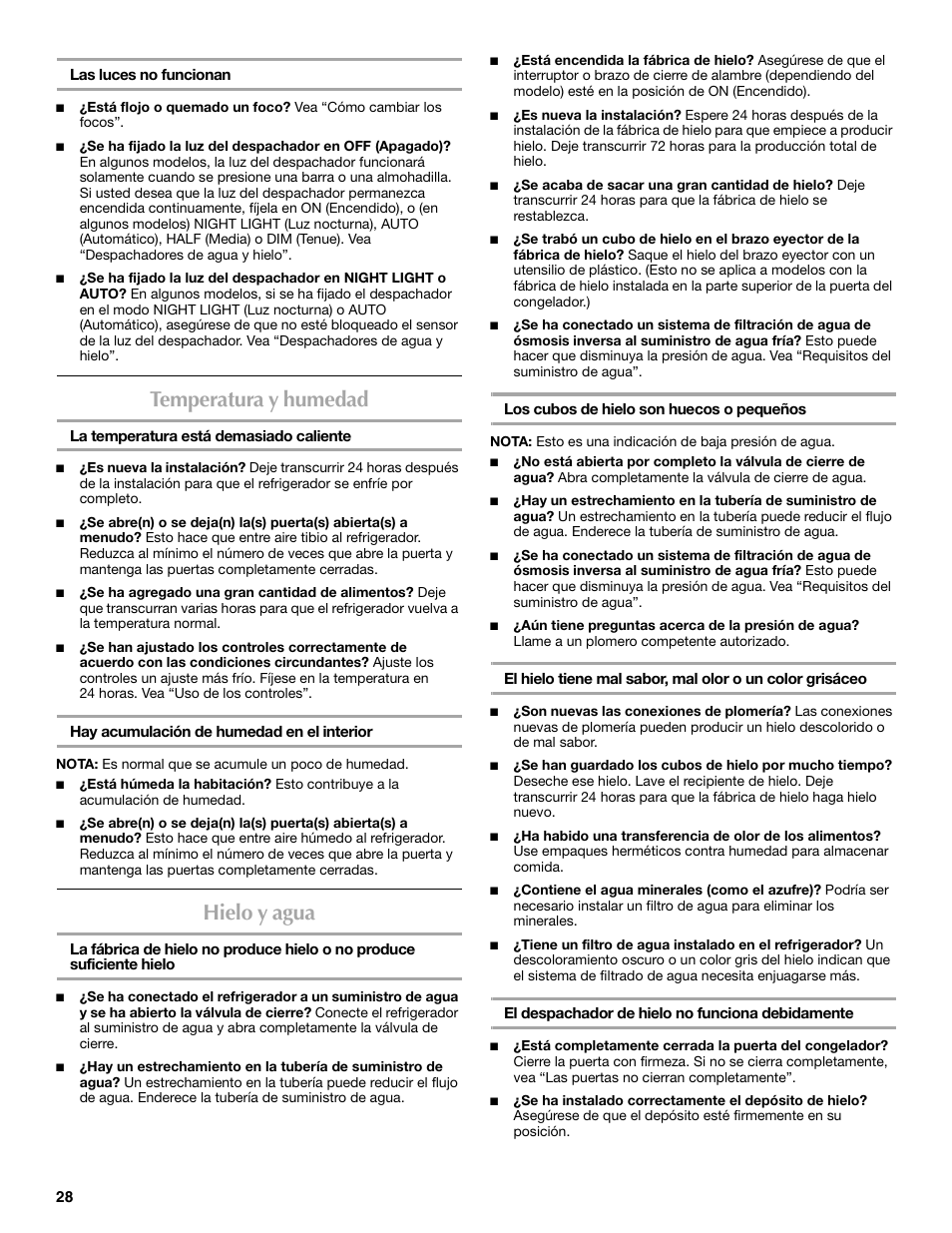 Temperatura y humedad, Hielo y agua | Maytag MSF22C2EXW User Manual | Page 28 / 54