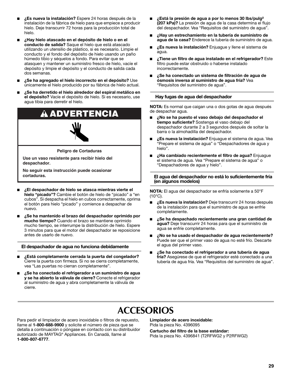 Accesorios, Advertencia | Maytag MSF22C2EXW User Manual | Page 29 / 54