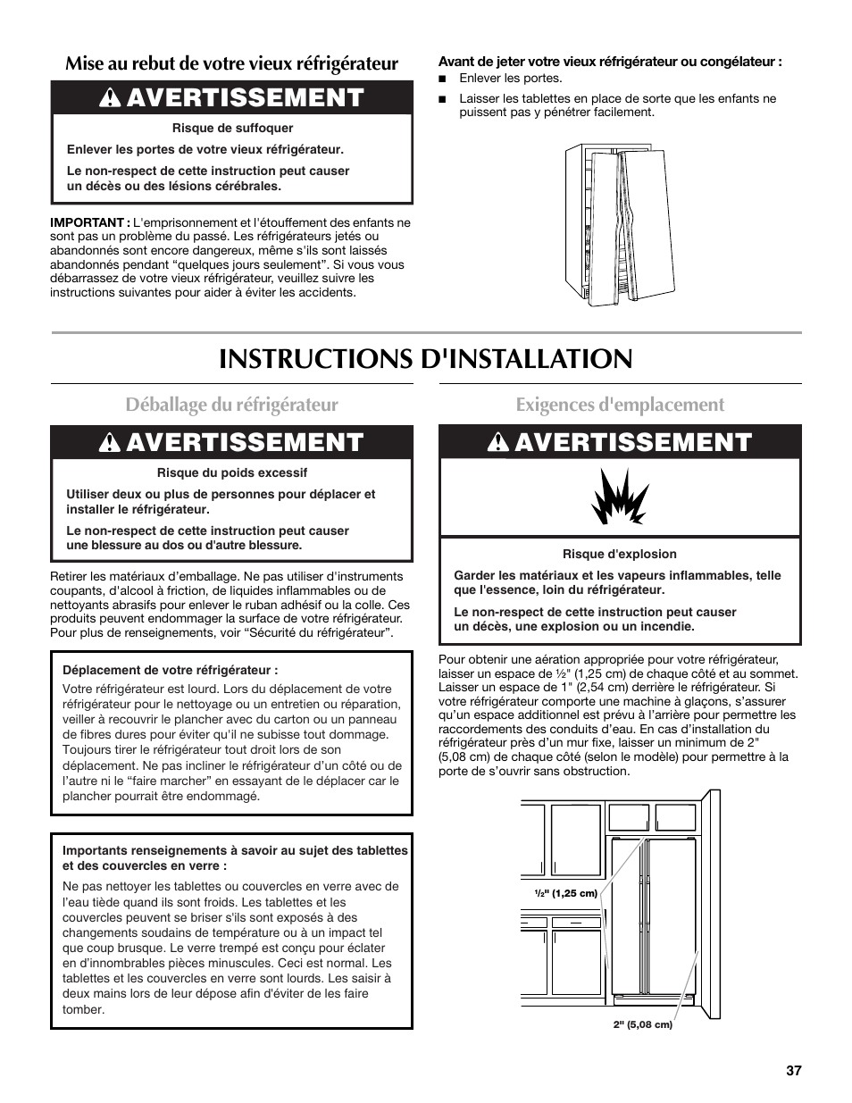 Instructions d'installation, Avertissement, Déballage du réfrigérateur | Exigences d'emplacement, Mise au rebut de votre vieux réfrigérateur | Maytag MSF22C2EXW User Manual | Page 37 / 54