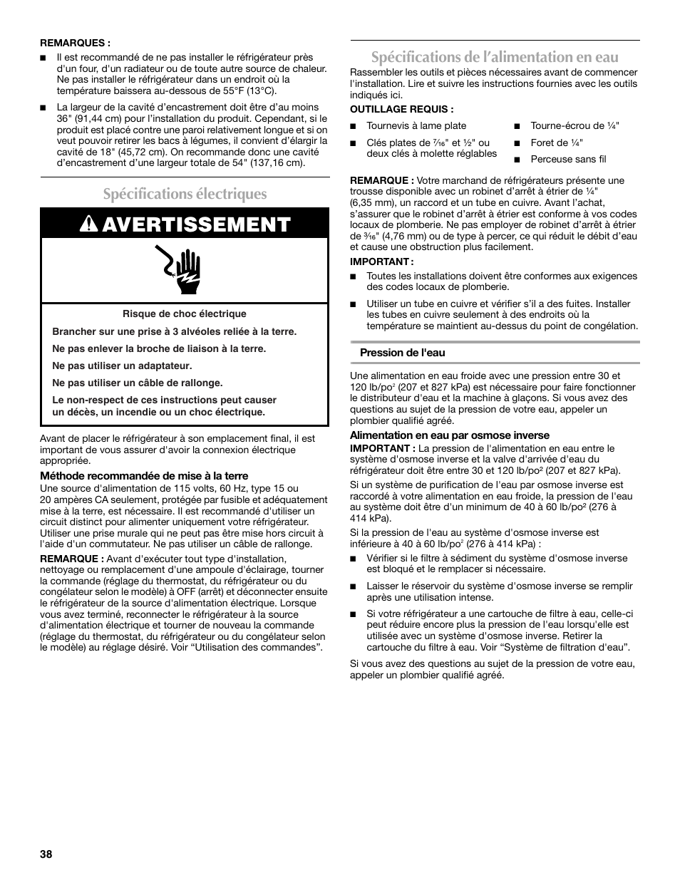 Avertissement, Spécifications électriques, Spécifications de l’alimentation en eau | Maytag MSF22C2EXW User Manual | Page 38 / 54