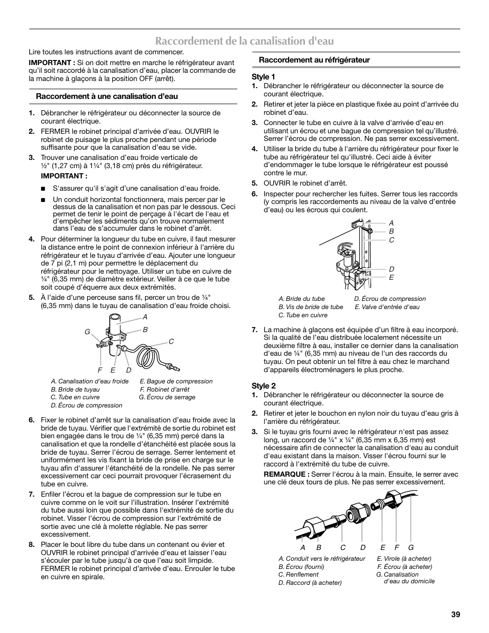 Raccordement de la canalisation d'eau | Maytag MSF22C2EXW User Manual | Page 39 / 54