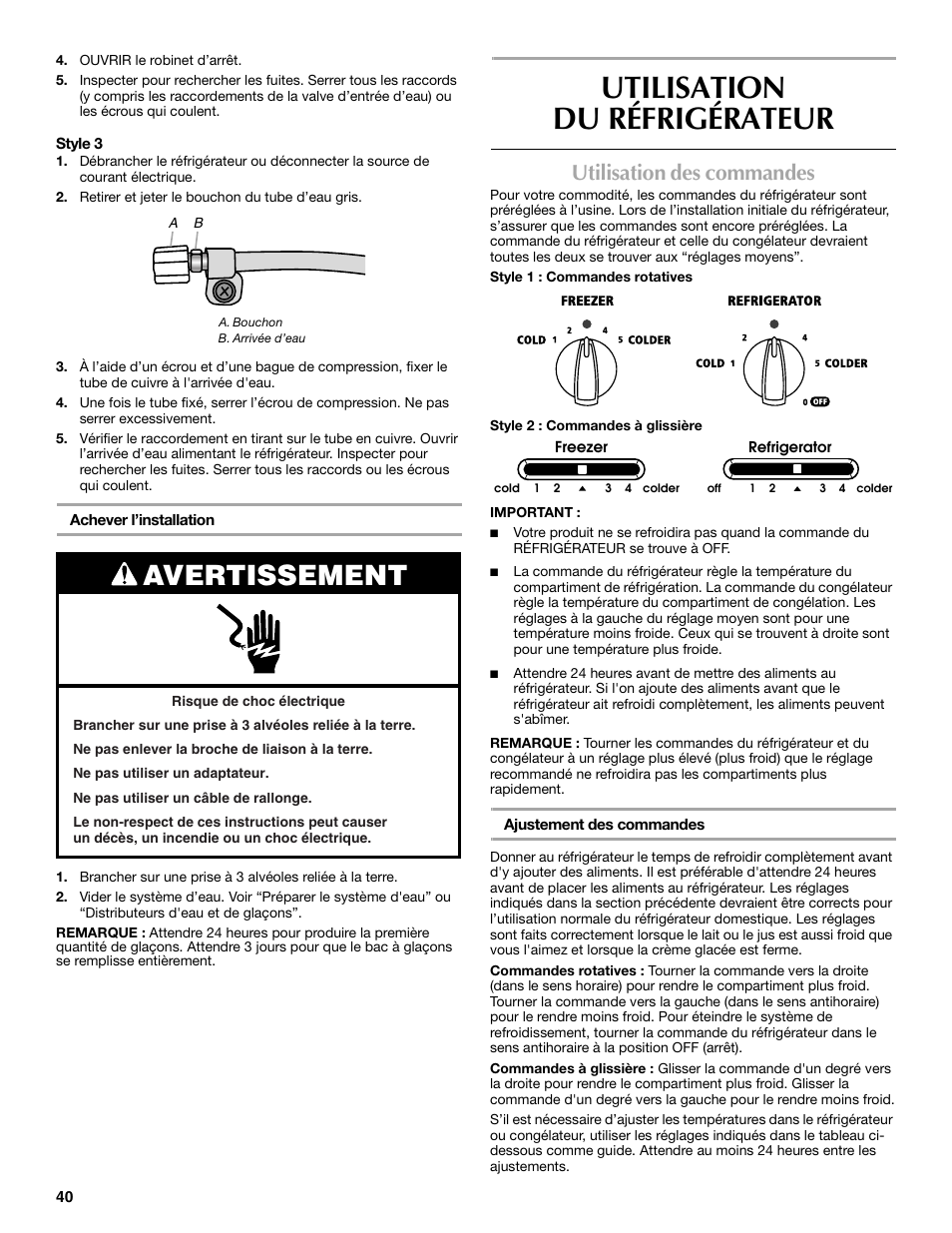 Utilisation du réfrigérateur, Avertissement, Utilisation des commandes | Maytag MSF22C2EXW User Manual | Page 40 / 54